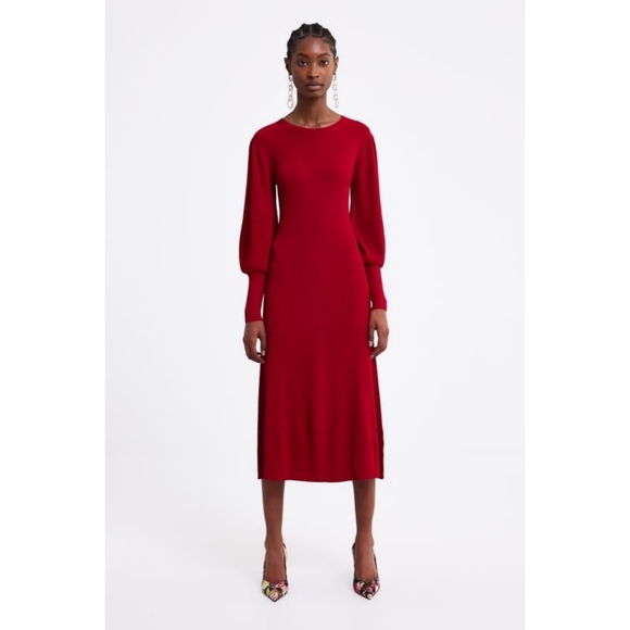 Zara Puff Sleeve Ribbed Knit Midi Dress 